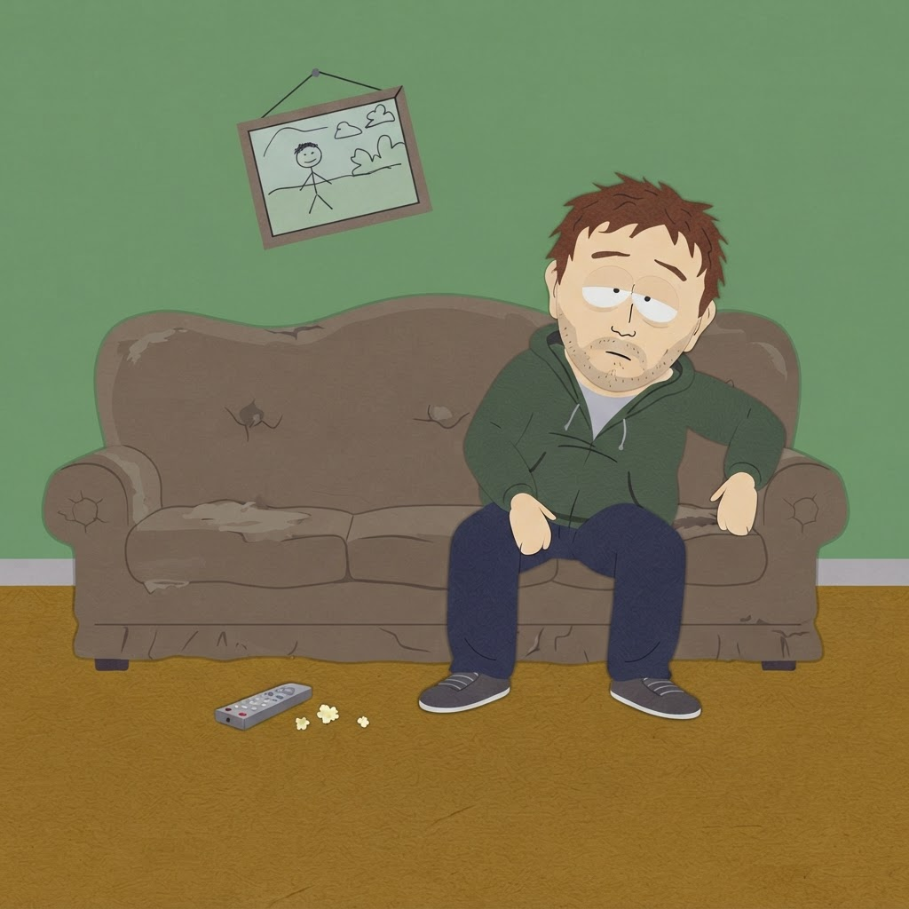Сцена в стиле South Park: Михаил валяется на диване и ничего не делает